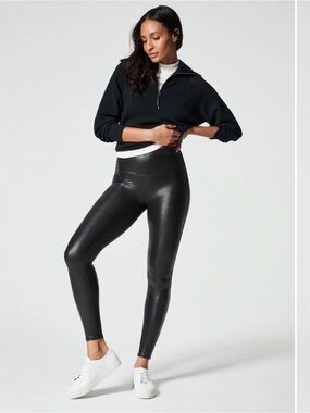 SPANX Shape High-Shine Black Faux-Leather Leggings- Size Small